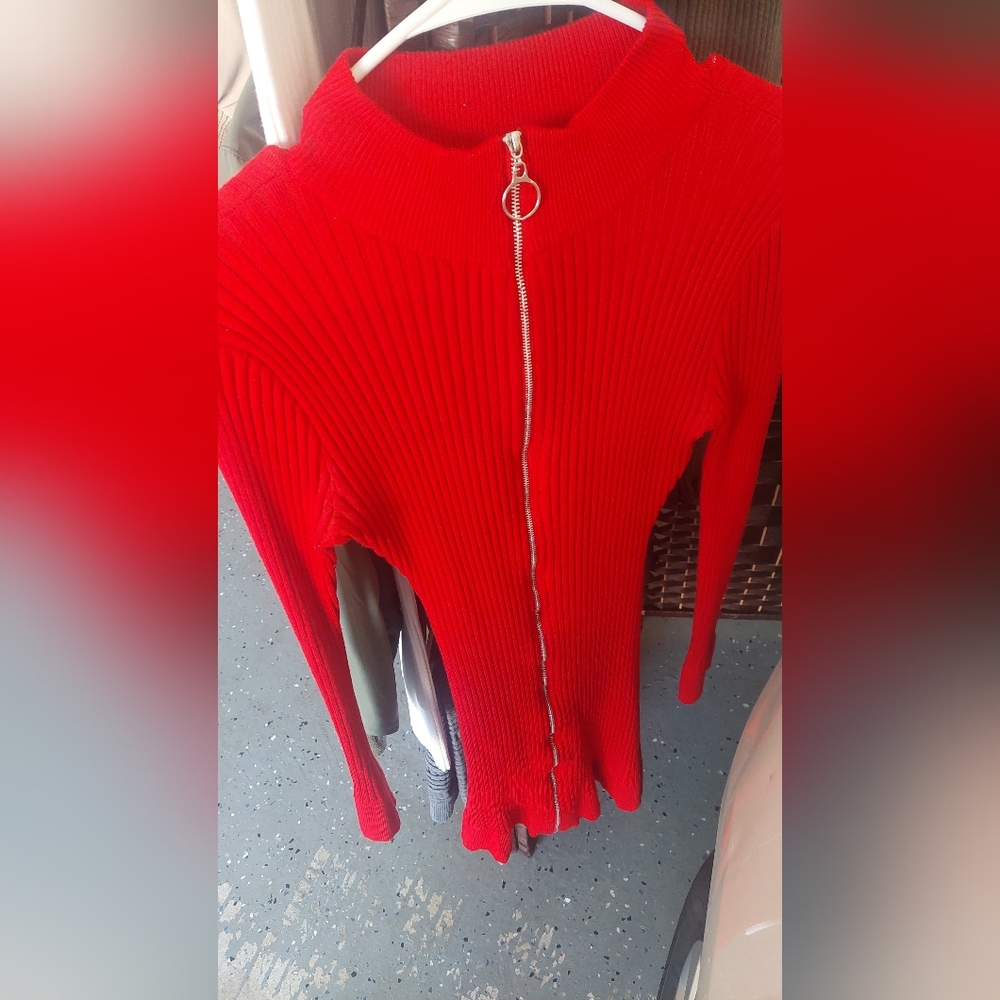 Red Ribbed Sweater Dress - Picture 2 of 3